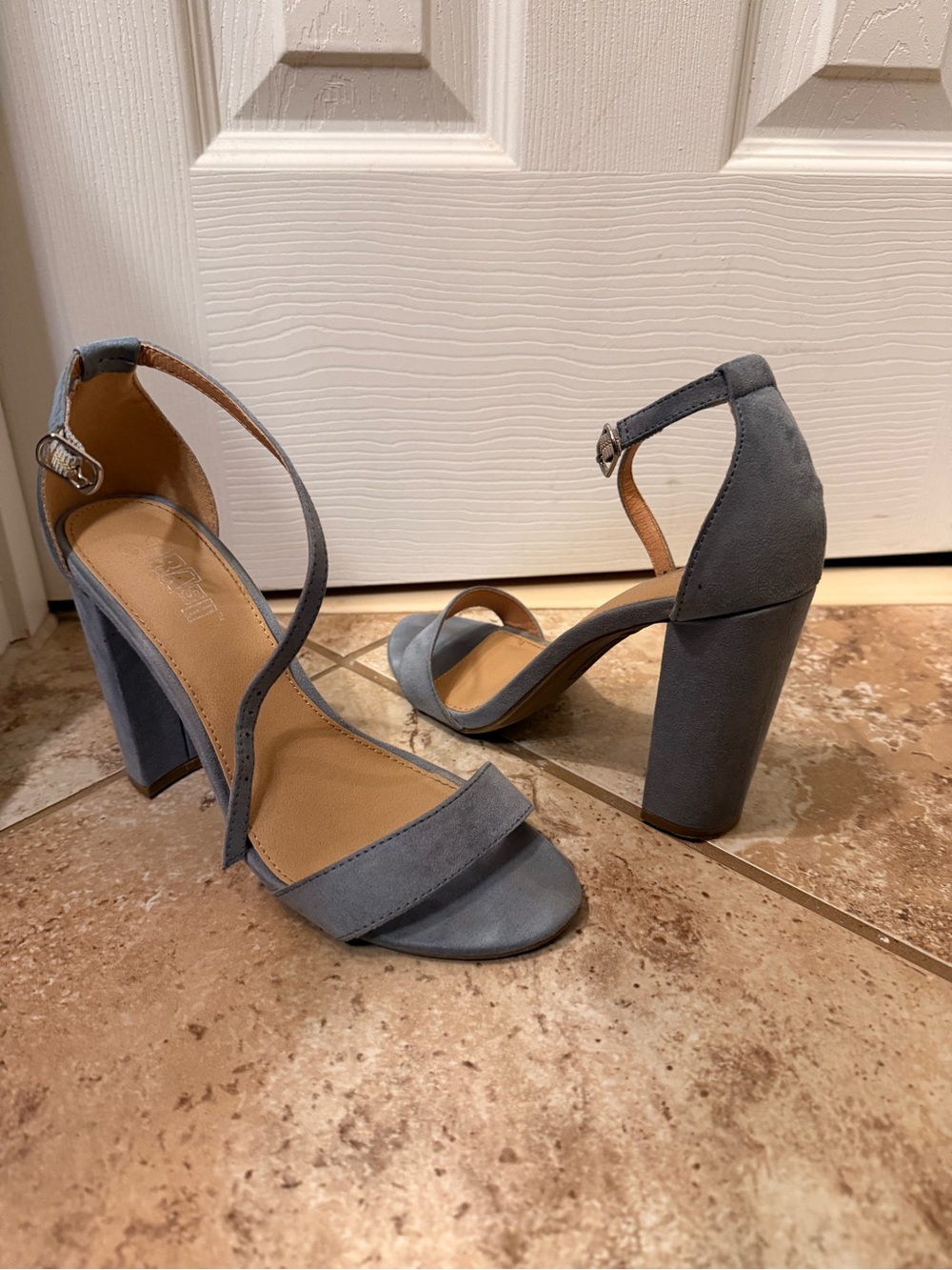 Gray Suede Block Heel Ankle Strap Sandals